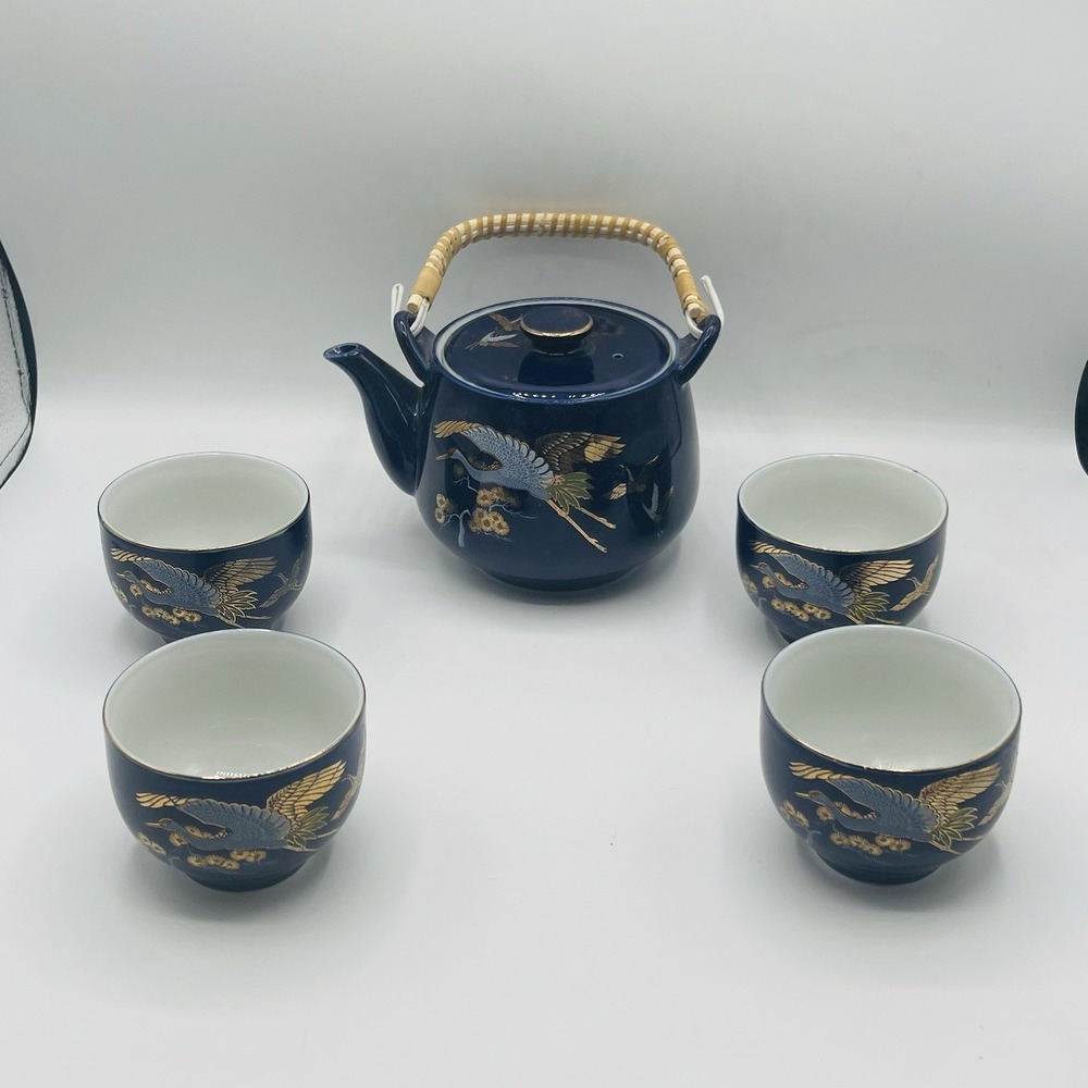 Vintage Japanese Cobalt Blue Tea Set With Gold Peacock Design - Teapot W/ 4 Cups